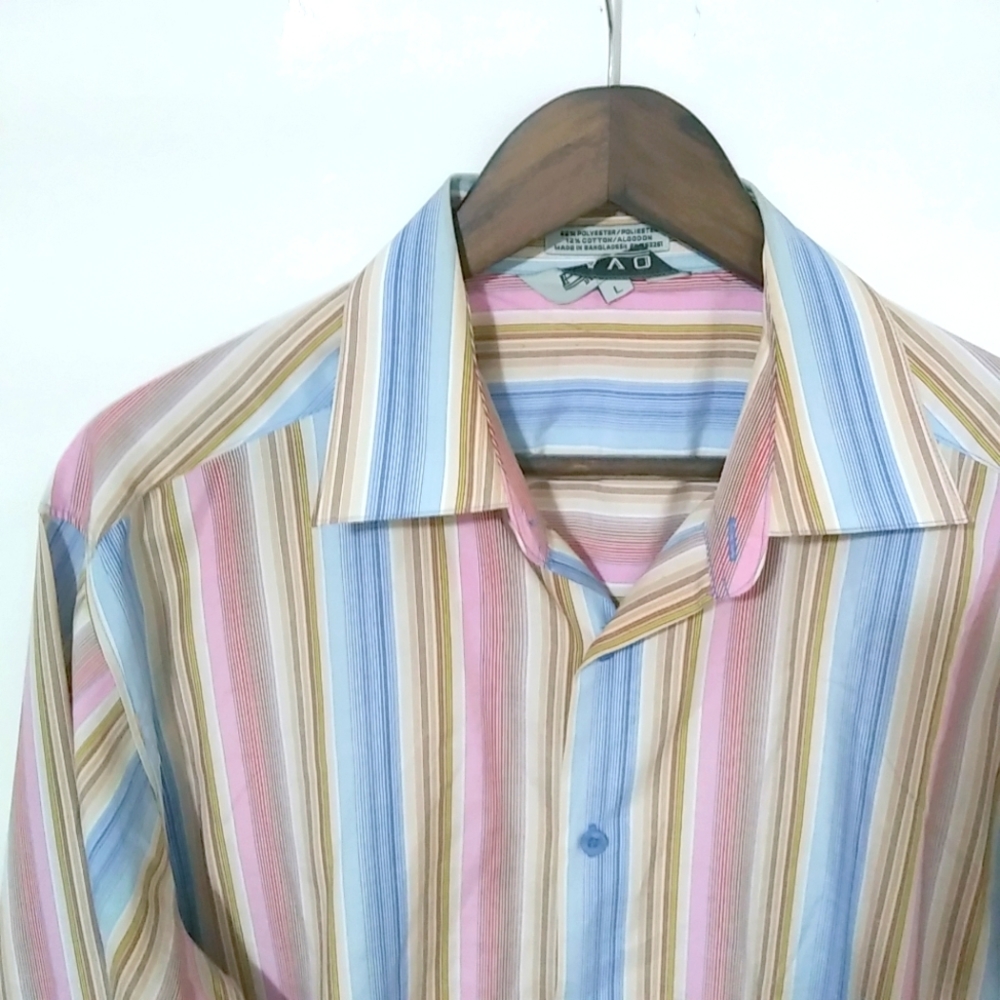 Pavo La Strada L Mens Long Sleeved Pink Blue Tan Striped Shirt